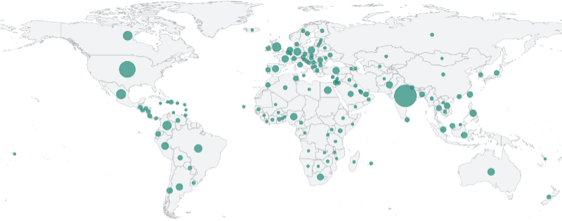 World map showing global distribution of 9,000+ students
